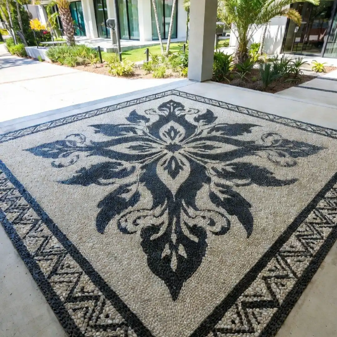 Pemasangan batu sikat ampyangan motif floral klasik untuk carport