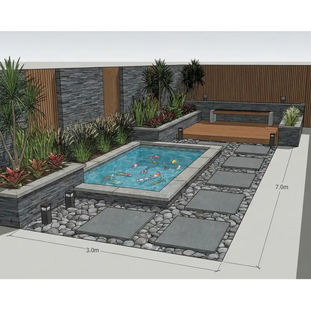Desain 3D Kolam Koi dengan Konsep Taman Kering Zen
