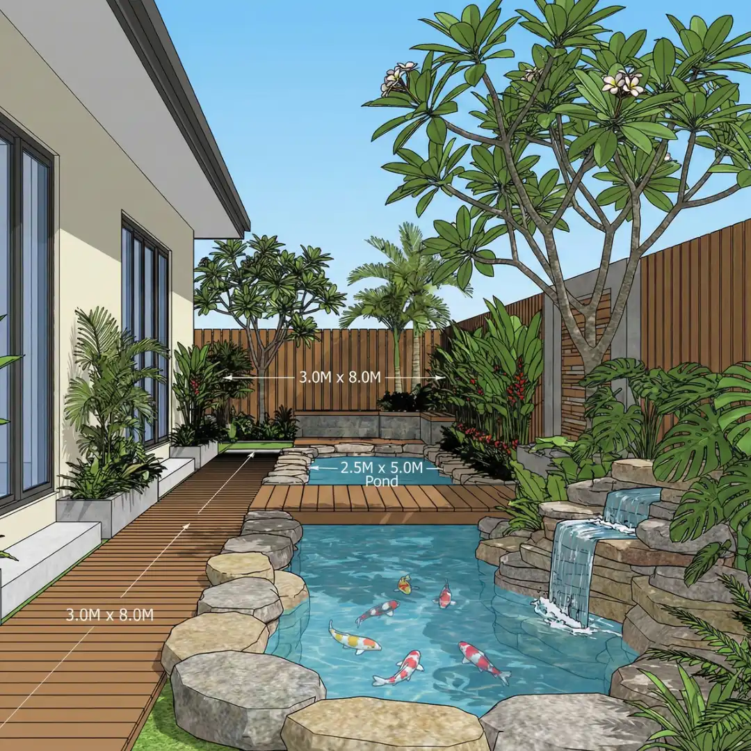 Desain 3D Kolam Koi Tropis di Lahan Samping Rumah