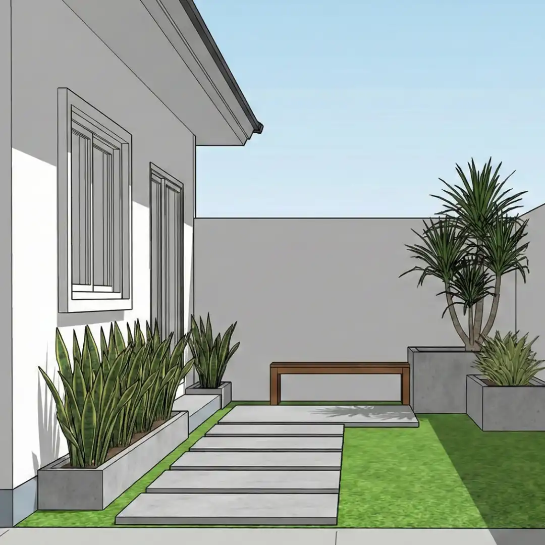 Desain 3D Taman Minimalis Sederhana dengan Batu Pijakan