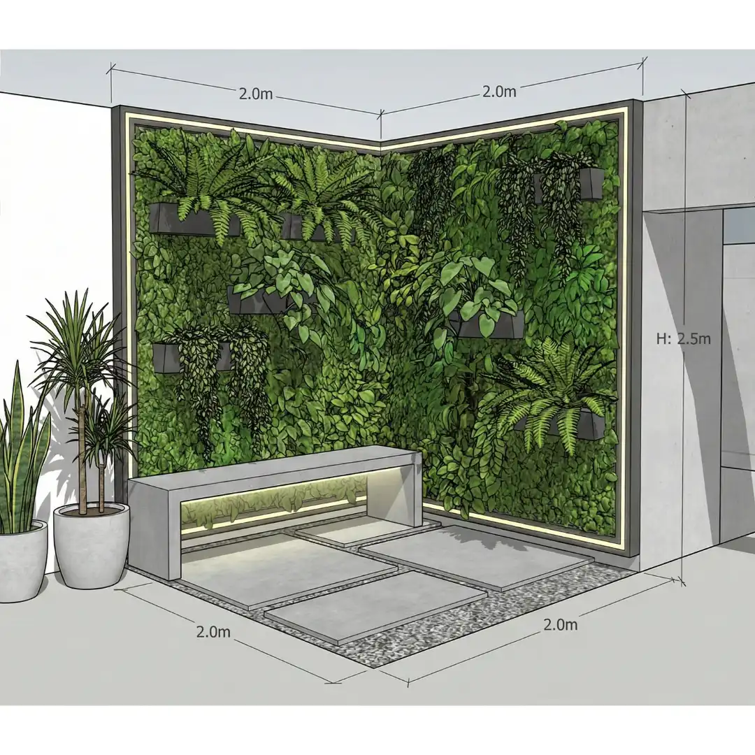 Desain 3D Vertical Garden Sudut L-Shape