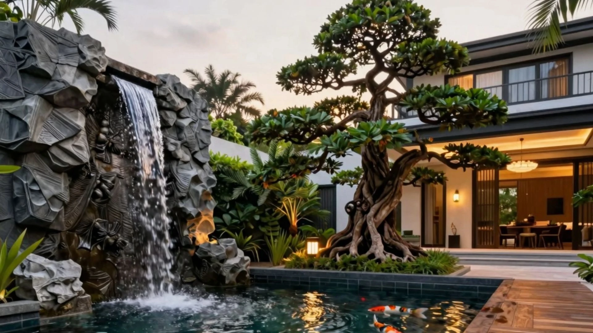 Kolam Koi Mewah di halaman depan rumah dengan air terjun dan sistem filter jernih